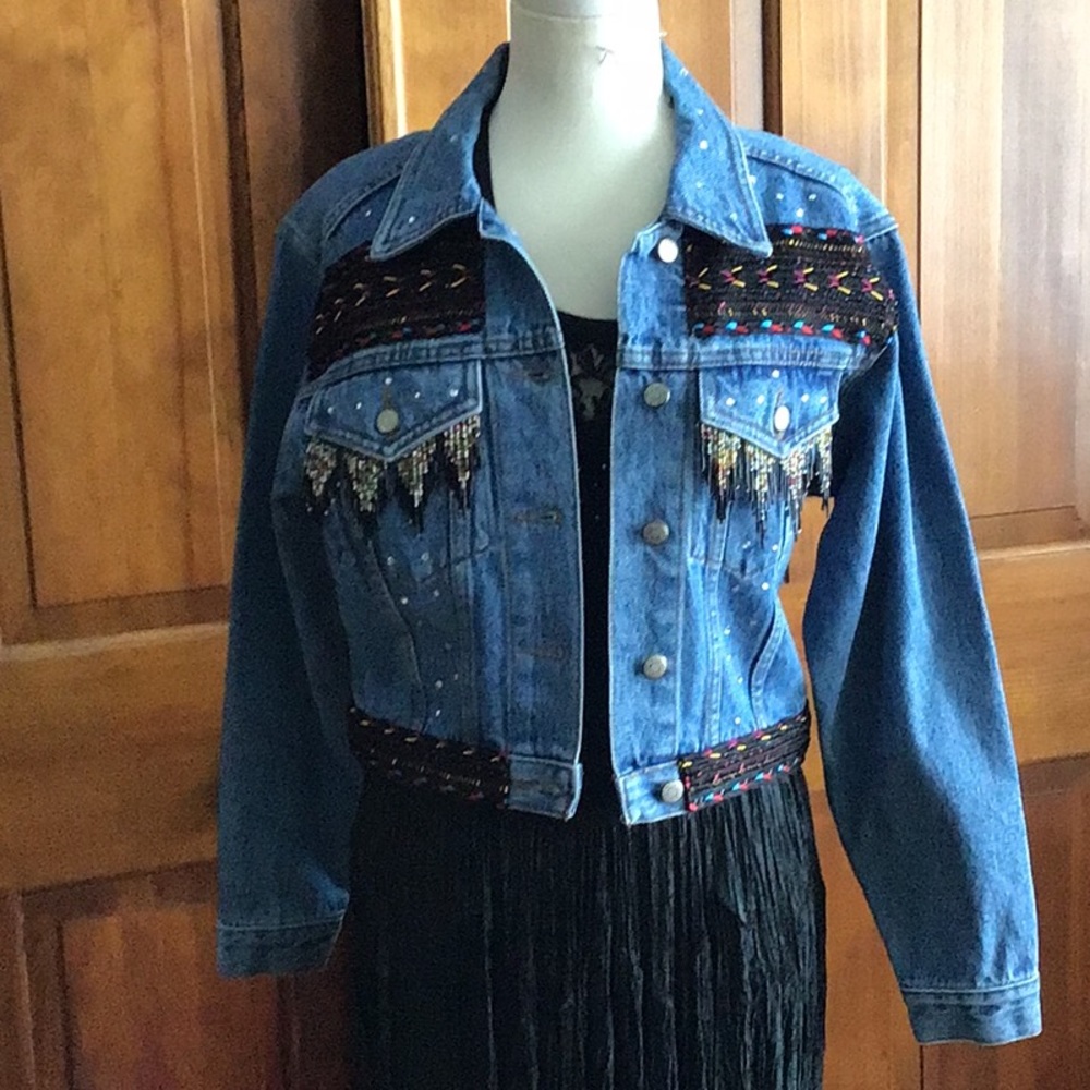 Denim jacket with beaded trim